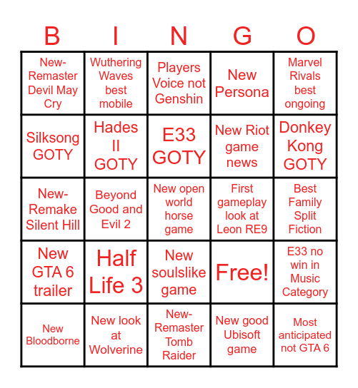 Game Awards 2025 Bingo Card