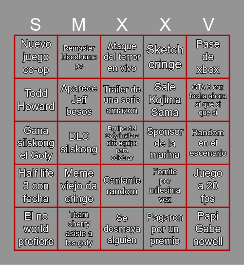 Bingo de los Game Awards Bingo Card