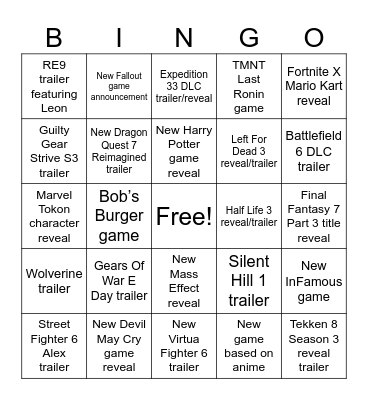 Game Awards 2025 Bingo Card