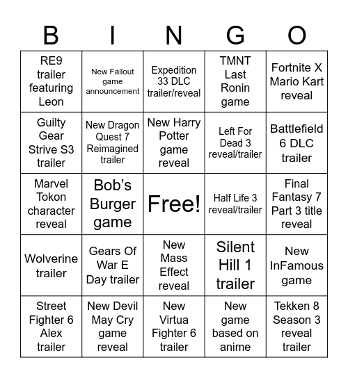 Game Awards 2025 Bingo Card