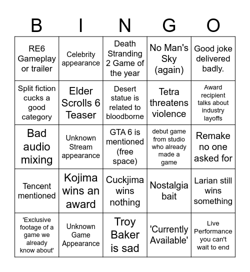 Game Awards Bingo Card