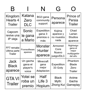 GOTY 2025 Bingo Card