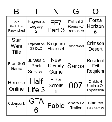 Game Awards 2025 Bingo Card