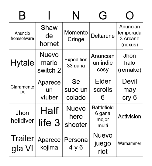 Game award 2025 Bingo Card