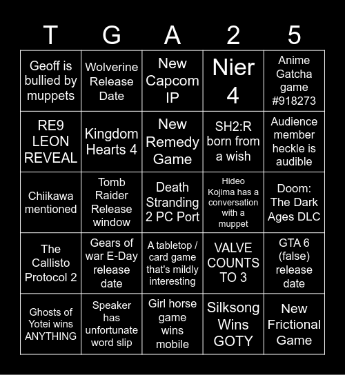 The Game Awards 2025 Bingo Card