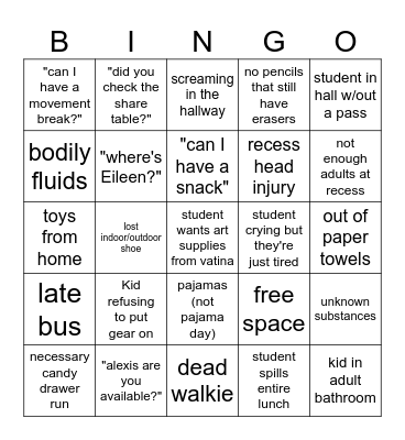 elementary bingo Card