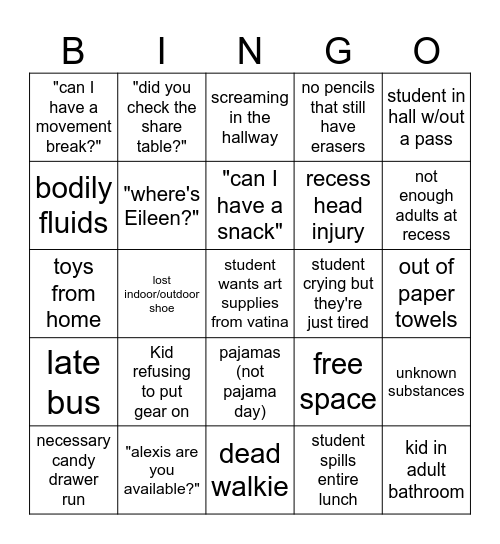 elementary bingo Card