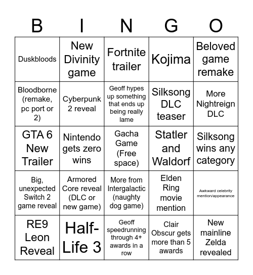 Game Awards Bingo Card