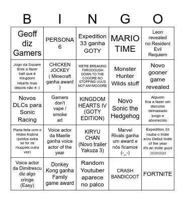 Game Awards Bingo Card