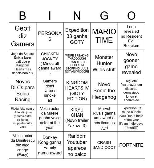 Game Awards Bingo Card