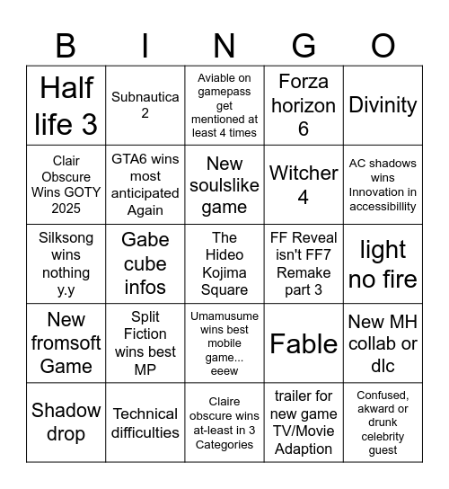TGA 2025 Bingo Card