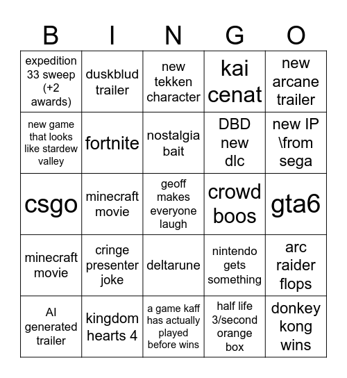 game awards bingo Card