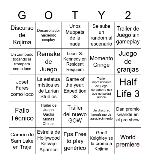 Nakama's GOTY Bingo Card