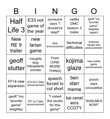 The Game Awards 2025 (poochi edition) Bingo Card
