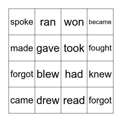 Irregular verbs Bingo Card