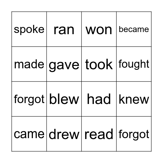 Irregular verbs Bingo Card