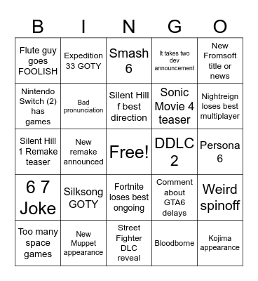 Game Awards 2025 Bingo Card