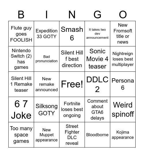 Game Awards 2025 Bingo Card