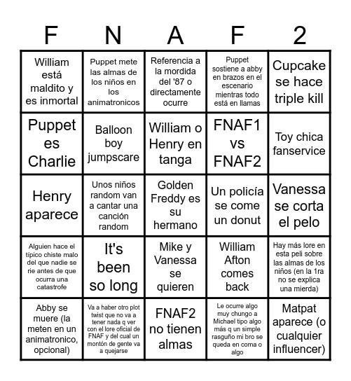 FNAF2 BINGO Card