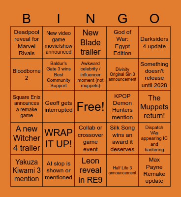 Kurstles presents... The Game Awards 2025! Bingo Card