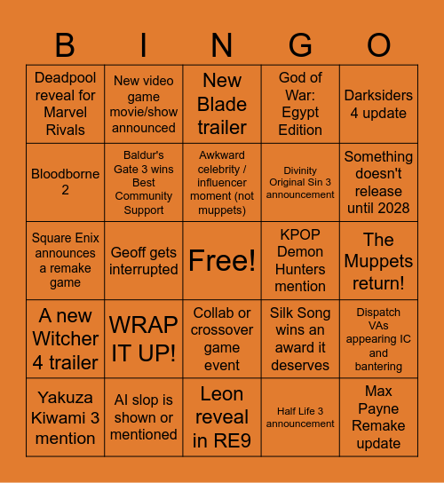 Kurstles presents... The Game Awards 2025! Bingo Card