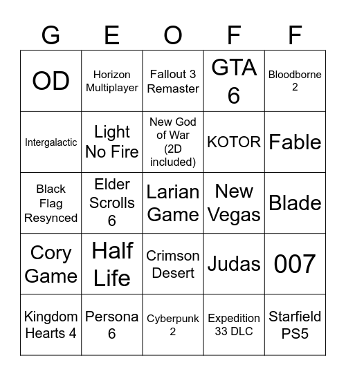 Game Awards Bingo Card