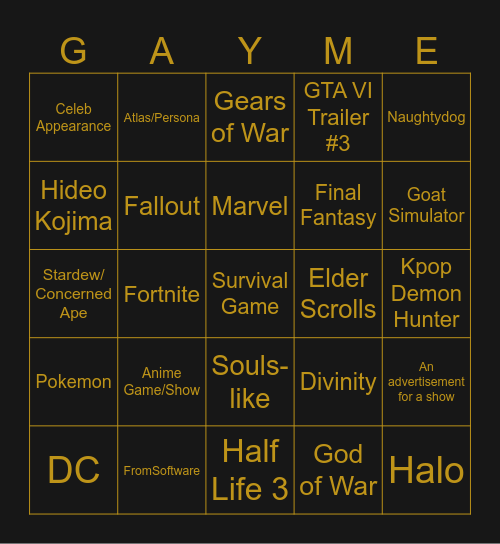 Game Awards 2025 Bingo Card