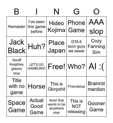 Game Awards 2025 Bingo Card