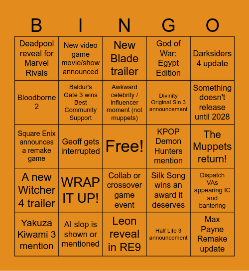 The Game Awards 2025! Bingo Card
