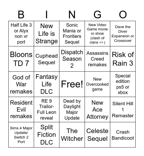 Game Awards Bingo Card