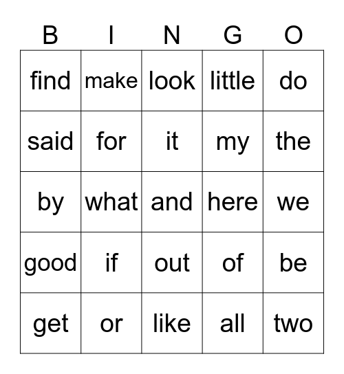 Sight Words Bingo Card