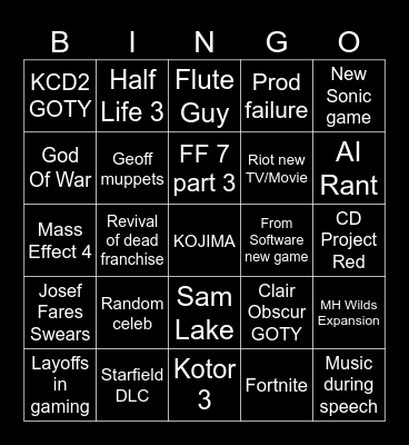 Game Awards 2025 Bingo Card