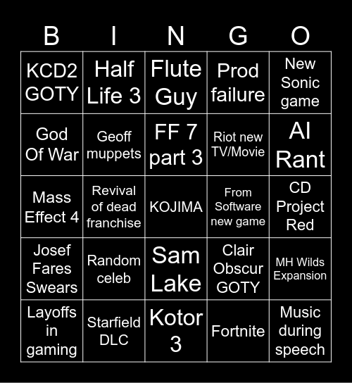 Game Awards 2025 Bingo Card