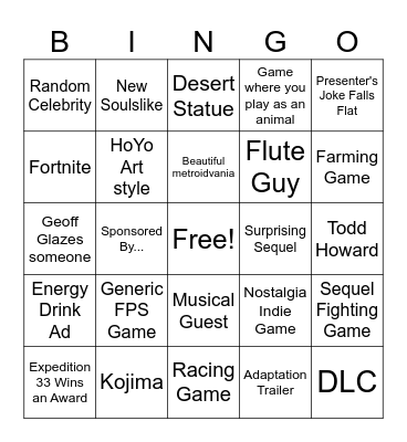 Game Awards 2025 Bingo Card