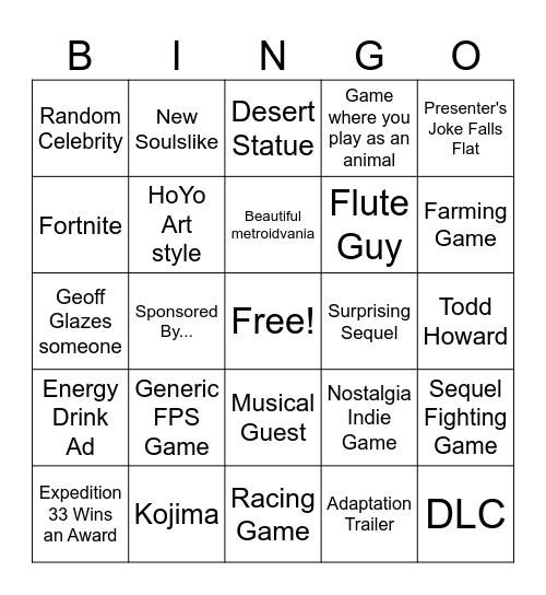 Game Awards 2025 Bingo Card