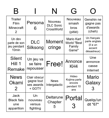Game Awards 2025 Bingo Card
