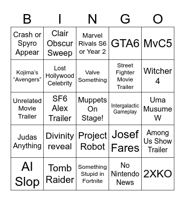 Game Awards 2025 Bingo Card
