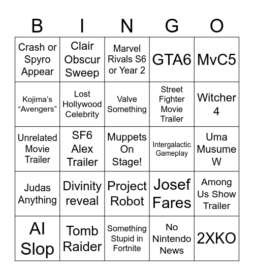 Game Awards 2025 Bingo Card