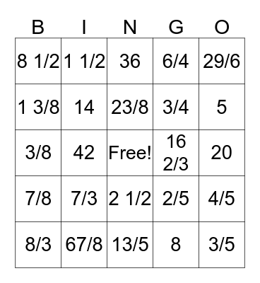 Fraction Bingo Card