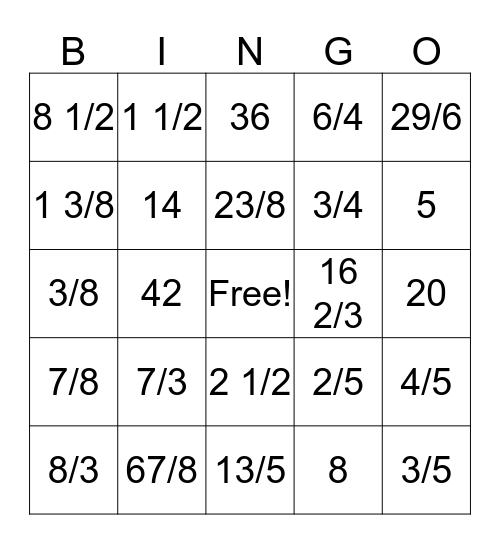 Fraction Bingo Card