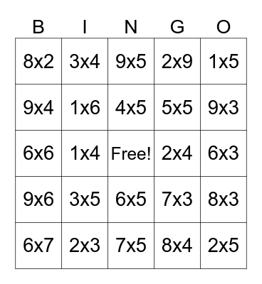 Multiplication Bingo Card