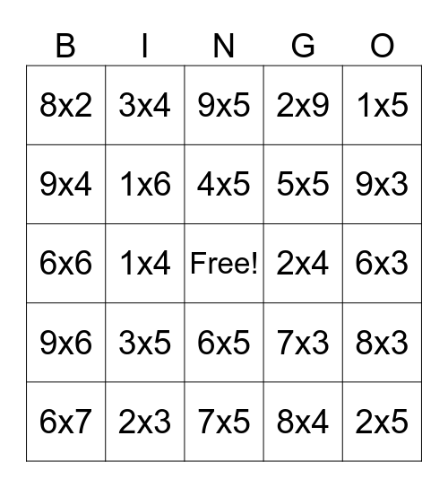Multiplication Bingo Card