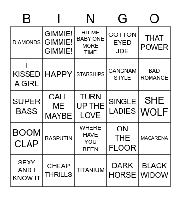 JUST DANCE SONGS Bingo Card