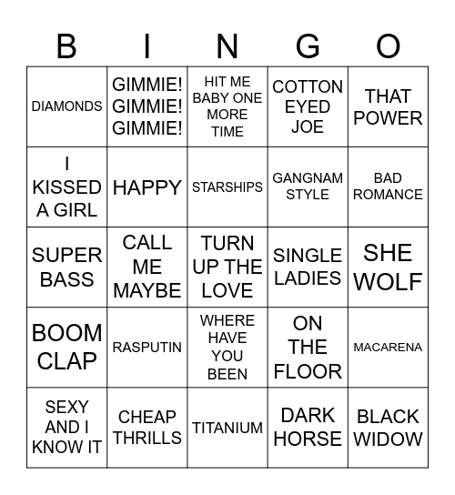 JUST DANCE SONGS Bingo Card