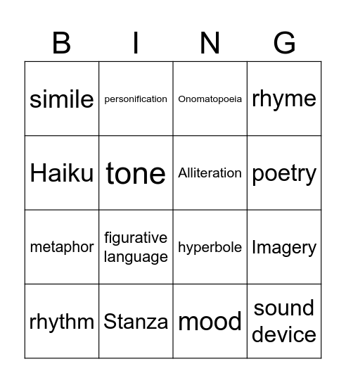 Poetry Terms Bingo Card