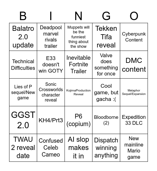 The Game Awards Bingo Card Bingo Card