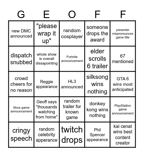 GAME AWARDS 2025 BINGO Card