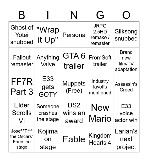 Game Awards Bingo Card