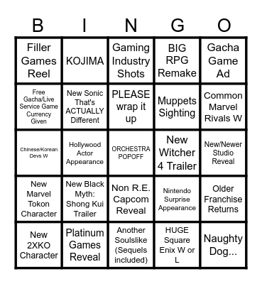 The Game Awards 2025 Bingo Card