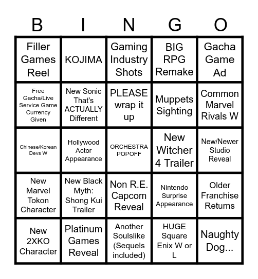 The Game Awards 2025 Bingo Card